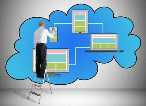 Cloud computing concept drawn by a man on a ladder Foto stock