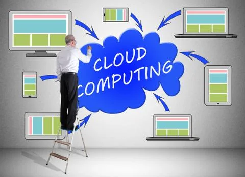 Cloud computing concept drawn by a man on a ladder Foto stock