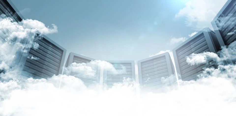 Cloud computing concept is emerging with server racks from white clouds in flat Stock Photos