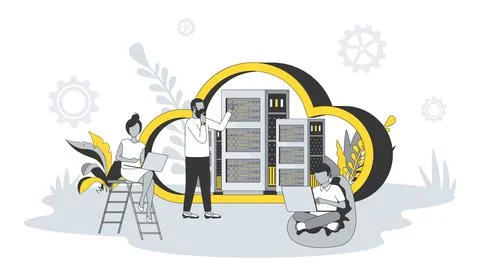Cloud computing concept in flat design with people. Man and woman using laptops Stock Illustration