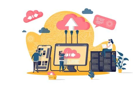 Cloud computing concept in flat style. IT specialists administrate cloud storage イラスト素材