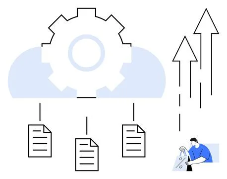 Cloud Computing Concept with Gear, Files, and Business Analyst Illustrating.. Stock Illustration