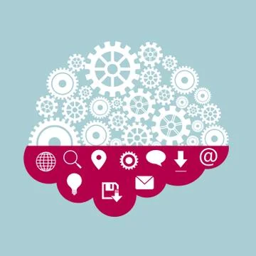 Cloud computing concept, gear set on the clouds.Isolated on blue background. Stockillustratie