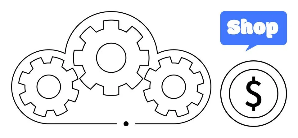 Cloud Computing Concept with Gears and Shopping Theme Stock Illustration