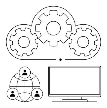 Cloud Computing Concept with Gears, Network, and Monitor for Technology and.. Stockillustratie