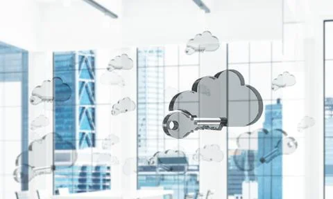 Cloud computing concept with glass symbol shown in air. Mixed me Stock Photos