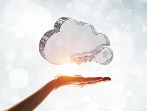Cloud computing concept with glass symbol shown in hand 스톡 사진