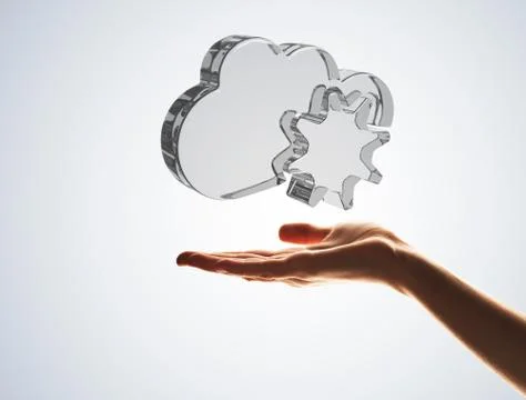 Cloud computing concept with glass symbol shown in hand 스톡 사진