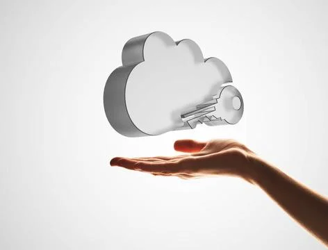 Cloud computing concept with glass symbol shown in hand Close view of male... Stock Photos