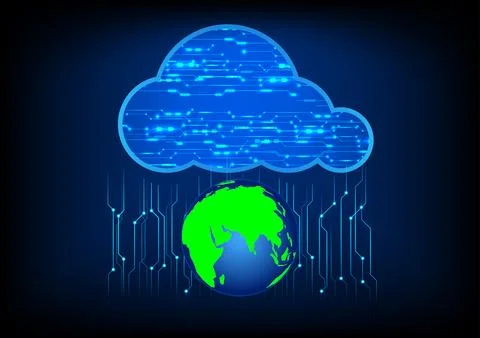 Cloud computing concept with globe and binary code on dark blue Stockillustratie