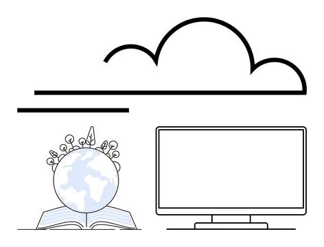 Cloud Computing Concept with Globe, Open Book, Monitor, and Cloud Graphic Stock-Illustration