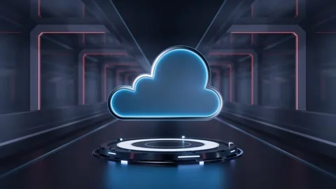 Cloud computing concept with a glowing cloud icon over a futuristic circula.. Stock Footage 332147771