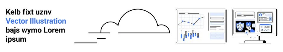 Cloud Computing Concept with Graphs and Security Dashboard on Monitors Illustrazione stock
