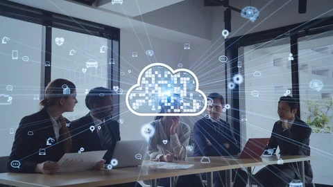 Cloud computing concept. Group of businesspeople in the office. Video stock 126146793