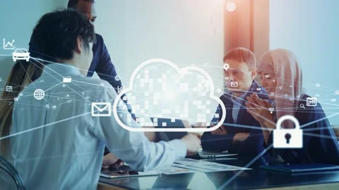 Cloud computing concept. Group of multinational businessperson meeting in the of Stock Footage 168217607