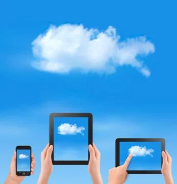 Cloud computing concept. hand with blue sky and white cloud. vector. Stock Illustration