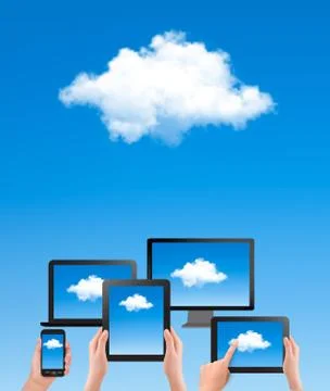 Cloud computing concept. hand with blue sky and white cloud. vector. Illustrazione stock