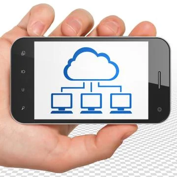 Cloud computing concept: Hand Holding Smartphone with Cloud Network on display 스톡 일러스트