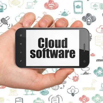 Cloud computing concept: Hand Holding Smartphone with Cloud Software on display Illustrazione stock