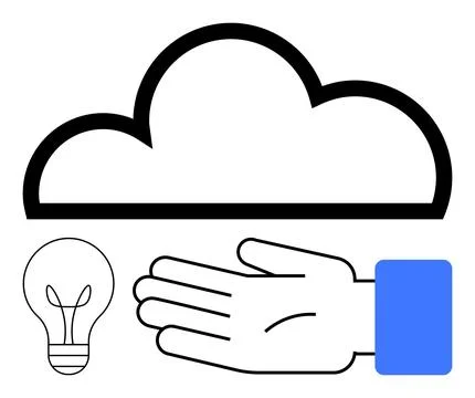 Cloud Computing Concept with Hand, Light Bulb, and Cloud in Minimalist Style Illustrazione stock