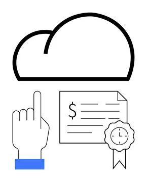 Cloud Computing Concept with Hand Pointing, Contract with Dollar Sign, and .. 库存插图
