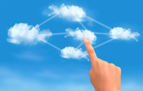 Cloud computing concept. hand touching connected clouds. vector. Stock Illustration