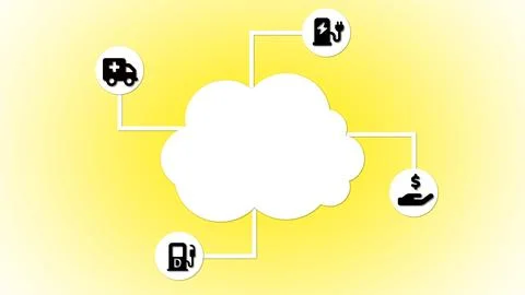 Cloud computing concept with icons for dollar car on a yellow background. Illustrazione stock