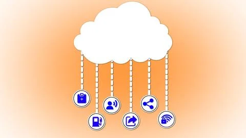 Cloud computing concept with icons for security, data transfer, and connect.. Stock Illustration
