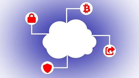 Cloud computing concept with icons for security bitcoin and data sharing on.. Stock Illustration