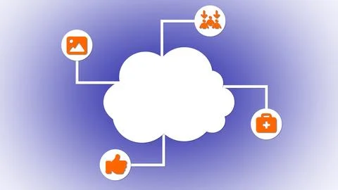 Cloud computing concept with icons for security storage and network on a bl.. Illustrazione stock