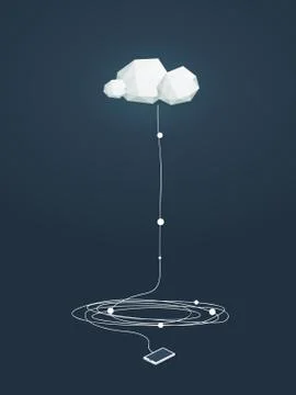 Cloud computing concept illustration with low poly clouds and smartphone Stock Illustration