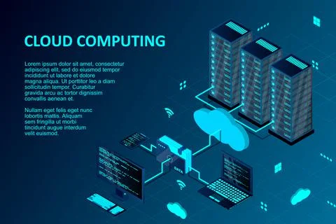 Cloud computing concept isometric vector illustration. Isometric cloud techno Illustrazione stock