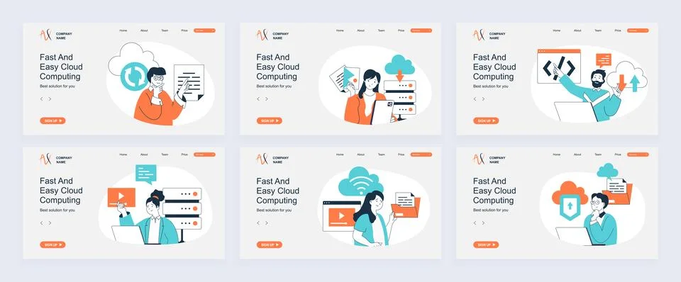 Cloud computing concept of landing page with slide templates set in flat de.. Stock Illustration