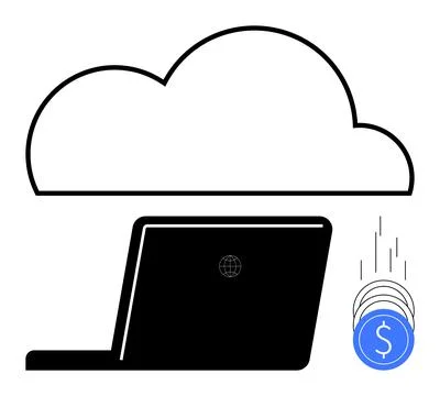 Cloud Computing Concept with Laptop and Falling Blue Coins Representing Onl.. イラスト素材