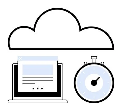 Cloud Computing Concept with Laptop, Internet Page, and Stopwatch for Speed.. 스톡 일러스트