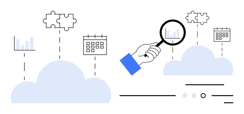 Cloud computing concept with magnifying glass analyzing data and interconne.. イラスト素材