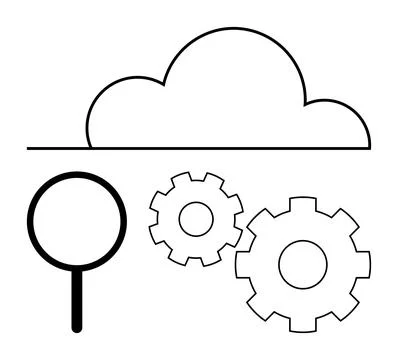 Cloud Computing Concept with Magnifying Glass and Cogwheels Representing Search Illustrazione stock