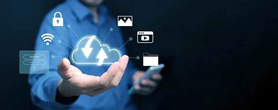 Cloud computing concept. A man with cloud computing service enables him to .. Stock Photos