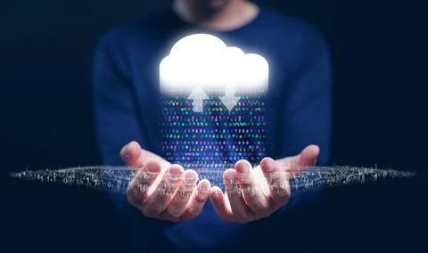 Cloud Computing Concept  A man with cloud technology in his hand delivering.. Stock Photos