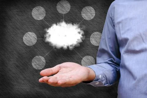 Cloud computing concept, Man hand holding cloud and network link with copy .. Stock Photos