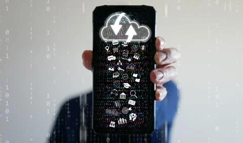 Cloud Computing Concept  A man uses a smartphone to upload and download IT .. 写真素材