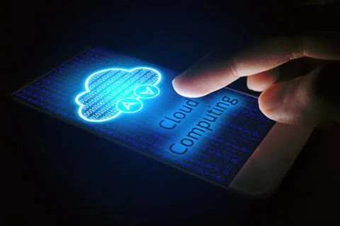 Cloud computing concept, Man using smartphone with virsual screen. Stock Photos