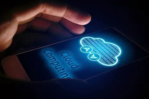 Cloud computing concept, Man using smartphone with virsual screen. Stock Photos