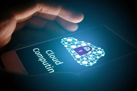 Cloud computing concept, Man using smartphone with virsual screen. Foto stock