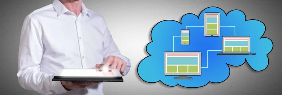 Cloud computing concept with man using a tablet 스톡 사진