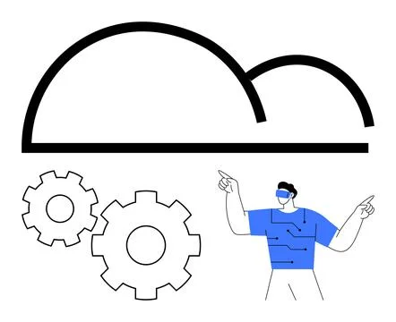 Cloud Computing Concept with Man in Virtual Reality and Connected Gears Stock Illustration