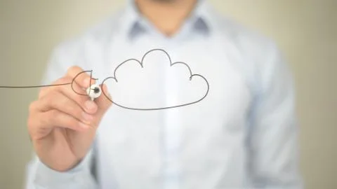Cloud Computing Concept,  Man writing on transparent screen Stock Photos