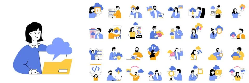 Cloud computing concept mega set with character scenes in flat design for w.. Stock Illustration