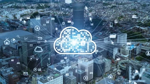 Cloud computing concept. Modern city aerial view and communication network. Stock Footage 131910672