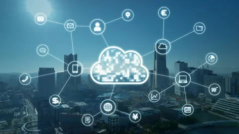 Cloud computing concept. Modern city and communication network. Software as a Se Stock Footage 177786860